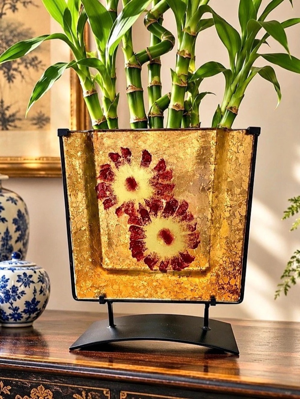 Vintage Asian Inspired Gold Red Glass Lucky Bamboo Vase Black Metal Stand